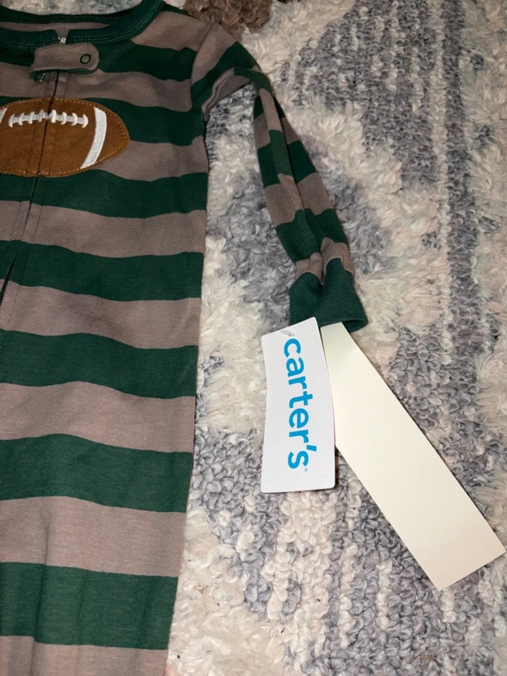 Carter's Green & Brown Striped Football One-Piece Footed Pajamas